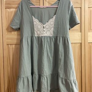 SHEIN Sage Green Tunic with White Lace Detail